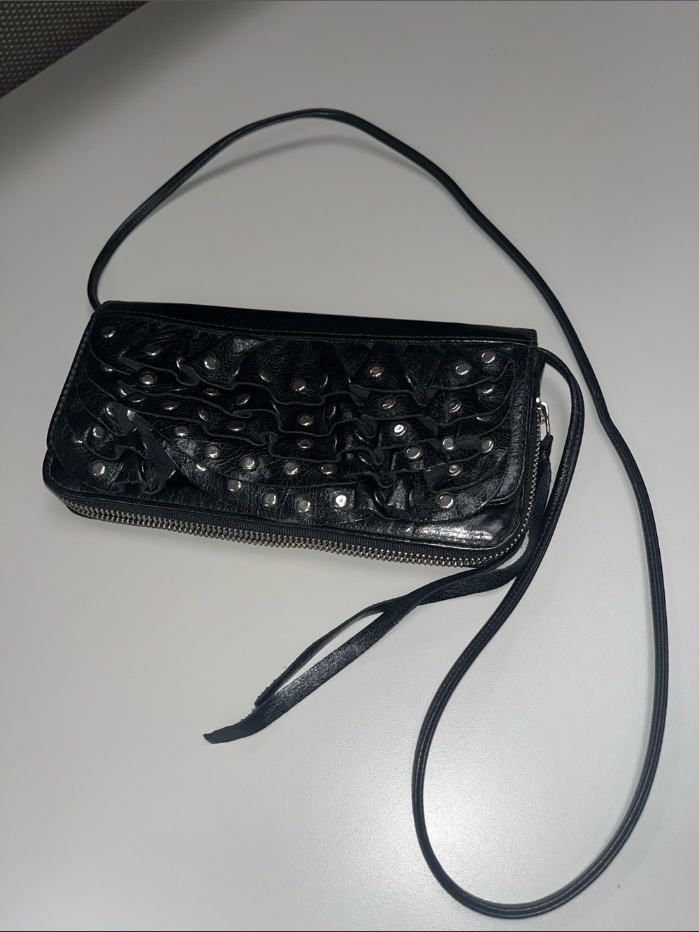 Susan Farber Collections Black Studded Ruffle Crossbody Wallet Clutch
